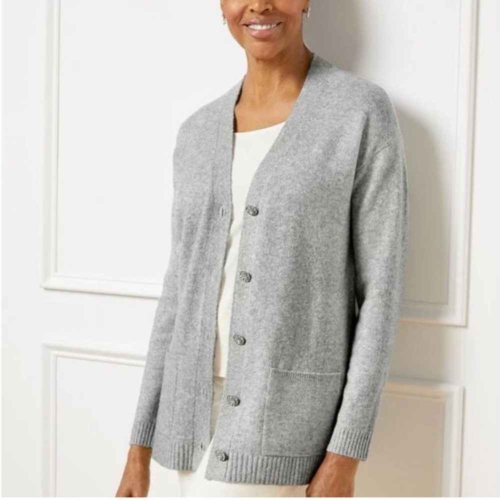 Talbots V Neck Pearl Embellished Button Cardigan Wool Alpaca Blend Grey Small